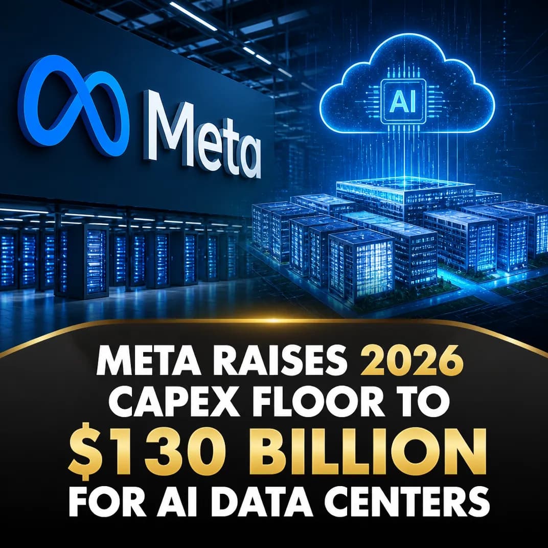 Server racks in a data center with glowing blue lights, reflecting Meta's rising AI infrastructure spending amid…
