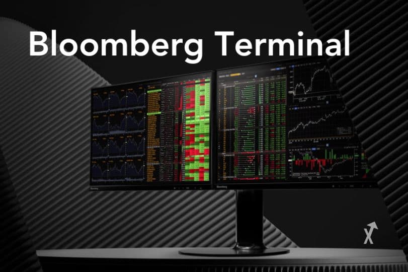A sleek dark interface displaying financial data charts and news feeds on multiple screens, with a keyboard and…