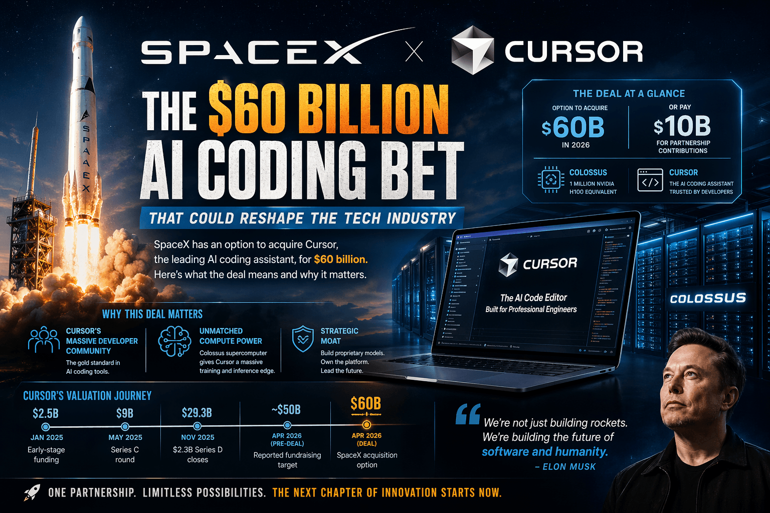 A sleek rocket launching beside a laptop screen showing colorful code, with abstract AI neural network lines…