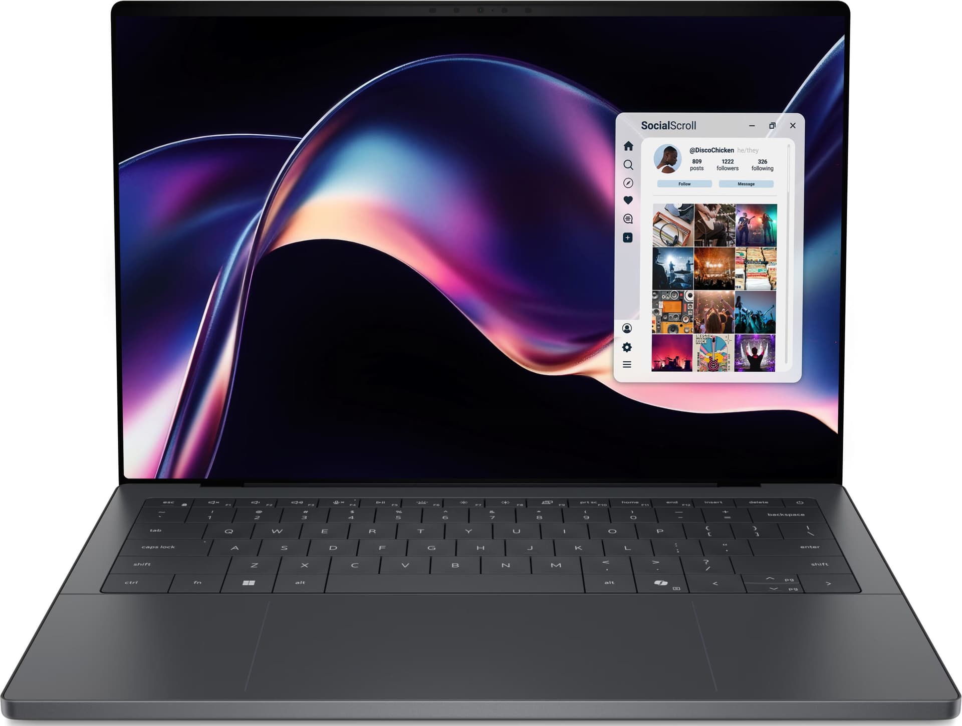 Dell XPS 14 laptop open on a desk, screen showing battery test results with Intel Core Ultra X7 branding…