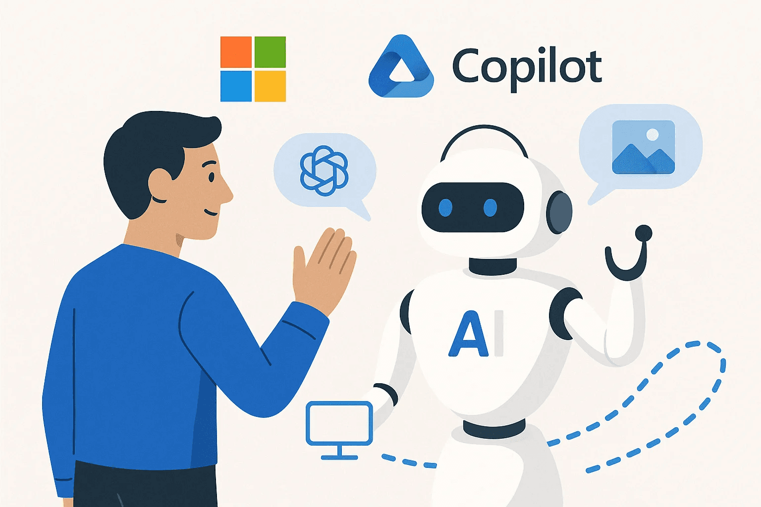A person typing on a laptop with a glowing blue Copilot icon floating nearby, representing AI agents automating…