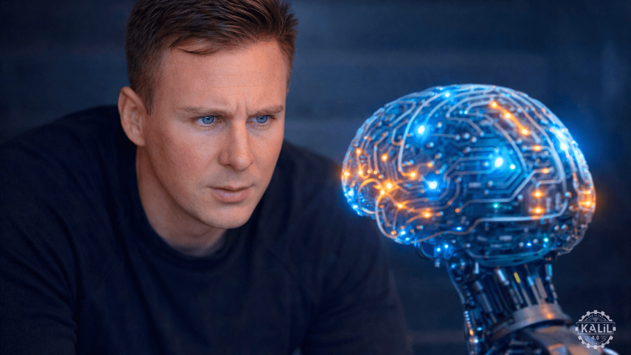 Brett Adcock, CEO of Figure AI, stands beside a humanoid robot with a glowing blue neural network graphic overlaid…