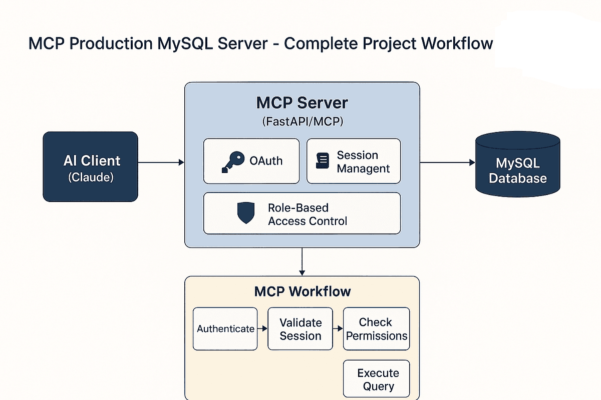 A developer at a laptop terminal, typing code for a production MCP server, with a network diagram showing…