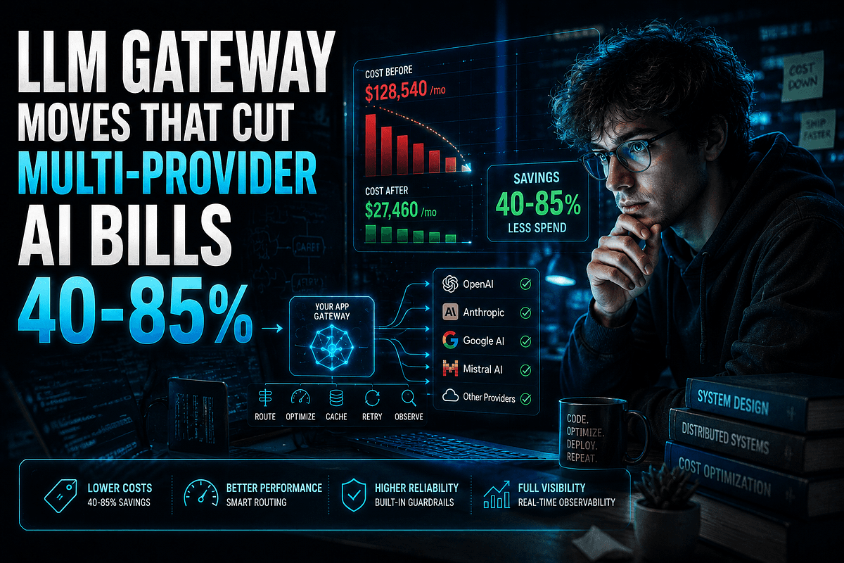 Dashboard showing cost savings from AI model routing across providers, with bar charts comparing expenses before and…