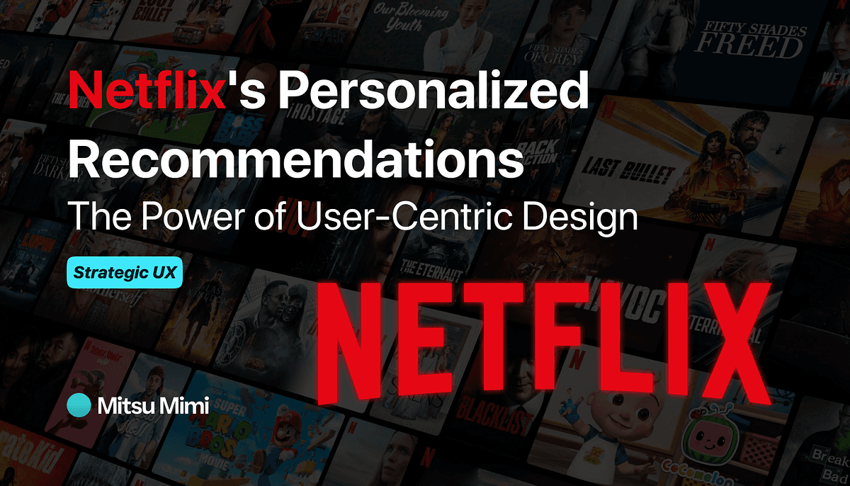 A Netflix interface on a laptop screen shows personalized movie recommendations, with a person's hand selecting a…