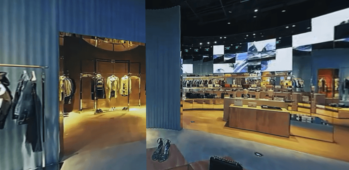 A luxury retail store with AI-powered holographic displays showing products, a well-dressed customer interacts with…