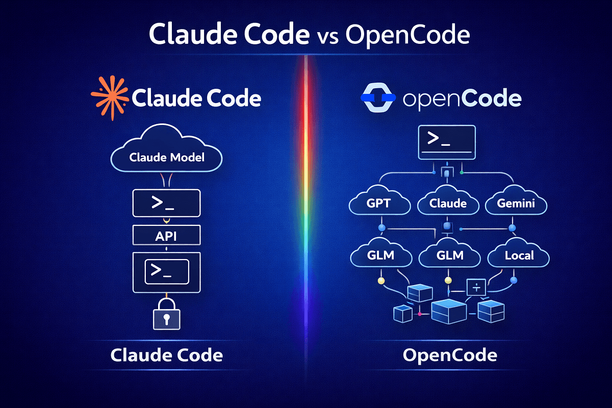 Two terminal windows side by side showing command-line interfaces, one labeled OpenCode and the other Claude Code…