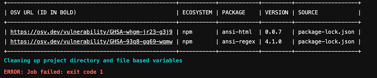 A developer typing code on a laptop with a terminal window displaying dependency scanning results and vulnerability…