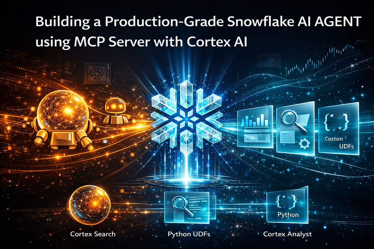 Developer at a workstation coding a Snowflake MCP server, with database schema diagrams and authentication…