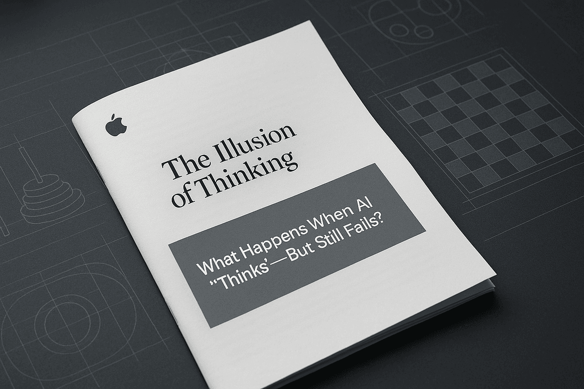 An Apple research paper titled 'The Illusion of Thinking' on a desk next to a MacBook, with charts showing…