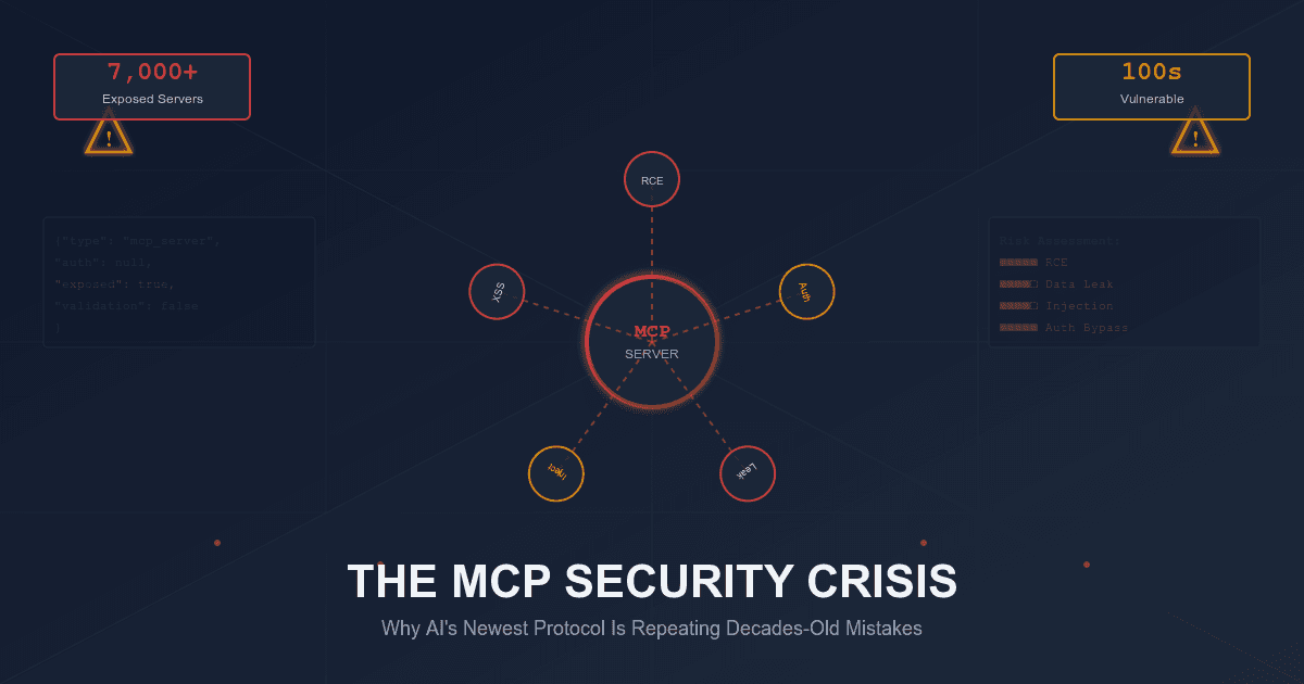 A digital security dashboard displays red alerts for MCP server vulnerabilities, with 43% highlighted as at risk and…