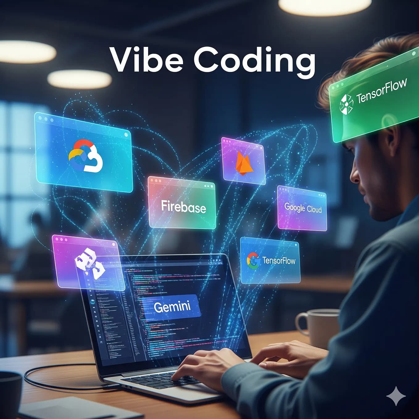 A developer types code on a laptop, with glowing AI icons and app icons floating above the screen, symbolizing the…