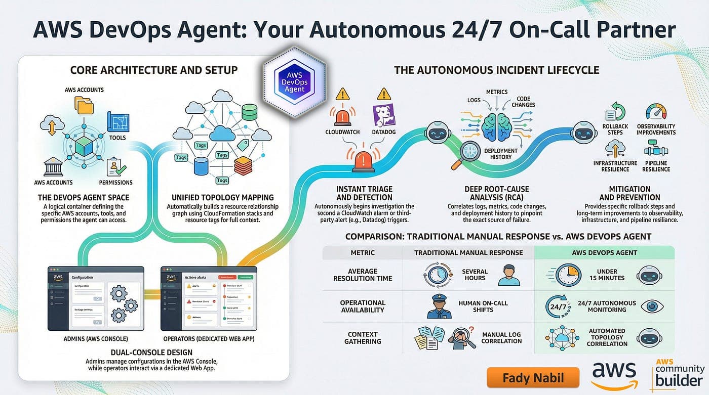 AWS DevOps Agent dashboard displaying Datadog monitoring metrics for autonomous incident response