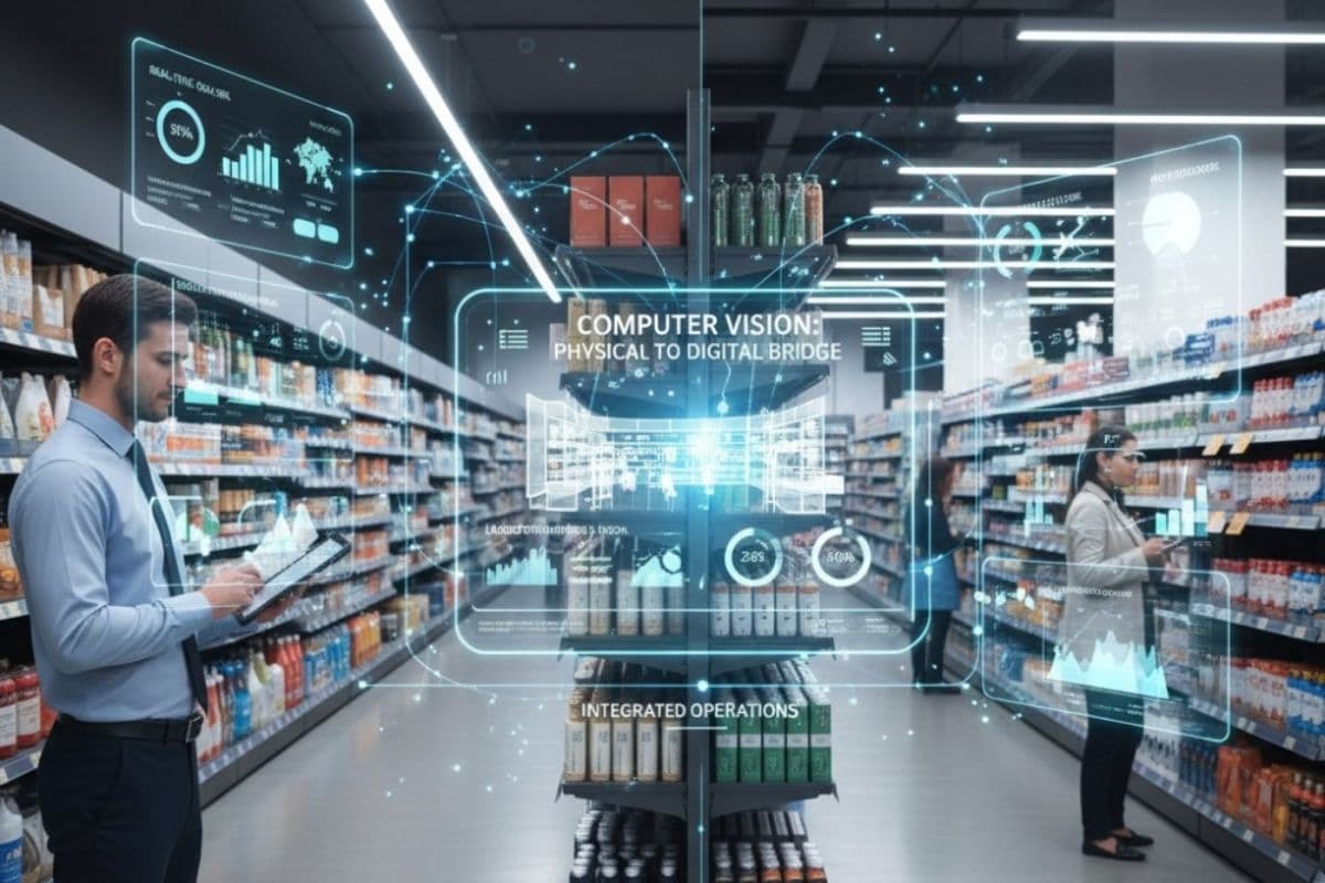 Shopper in a bright frozen food aisle using a self-checkout screen while overhead cameras monitor shelves and baskets