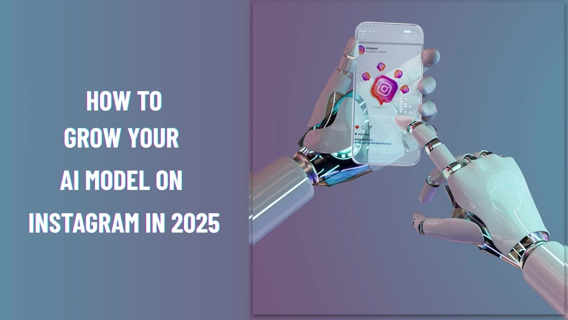 A smartphone screen displays an AI persona profile with a generated avatar, a feed of autonomous posts, and buttons…
