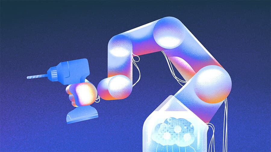 A robotic arm assembles a circuit board in a high-tech manufacturing facility, with sparks flying from a welding tool