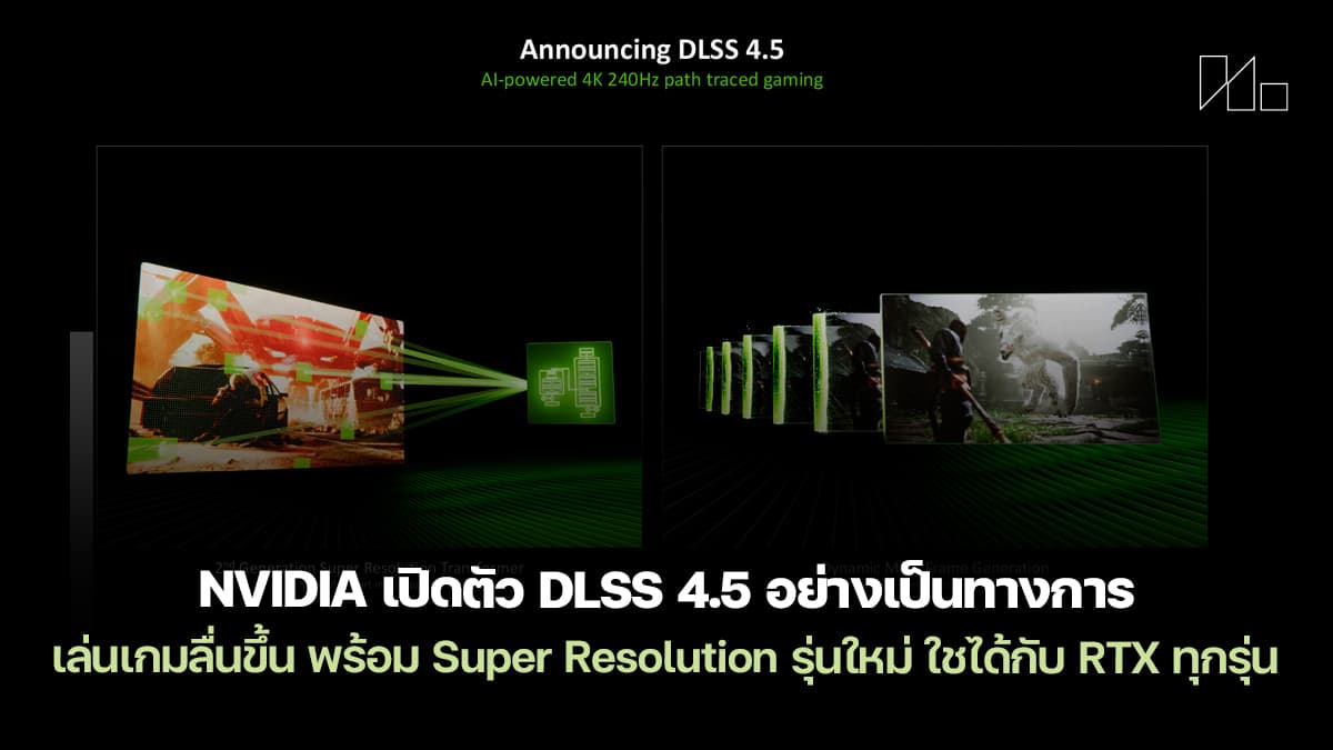 Nvidia DLSS 4.5 interface on a monitor, showing AI frame generation and ray reconstruction options with a graphical…