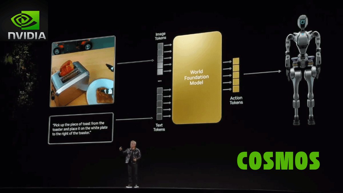 A futuristic digital rendering of a robotic arm manipulating glowing tokens on a simulated grid, with Nvidia…
