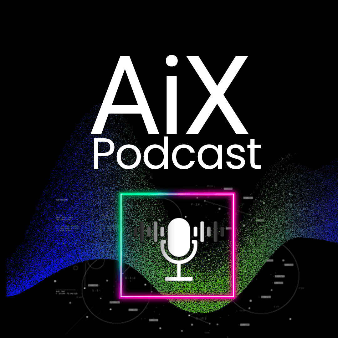 Two AI agent avatars debating on a laptop screen, with a user rating interface and podcast waveform below