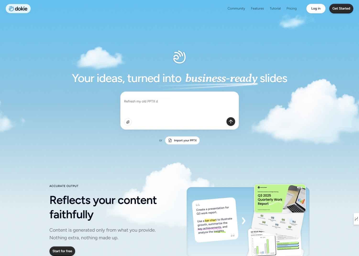 A laptop screen displays Dokie AI converting bullet point text into a clean presentation slide deck with charts and…