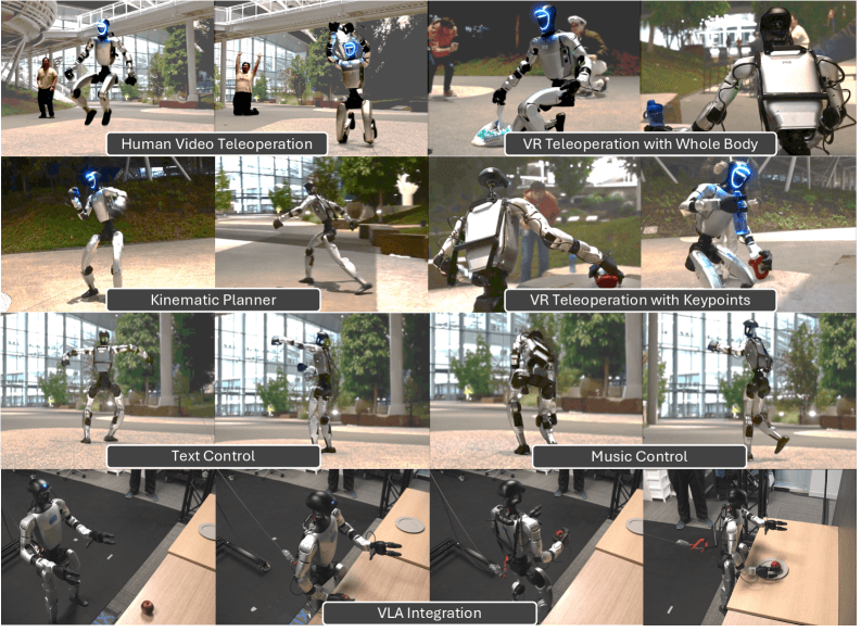 A humanoid robot demonstrates precise motion, mimicking human-like gestures in a lab setting, surrounded by screens…