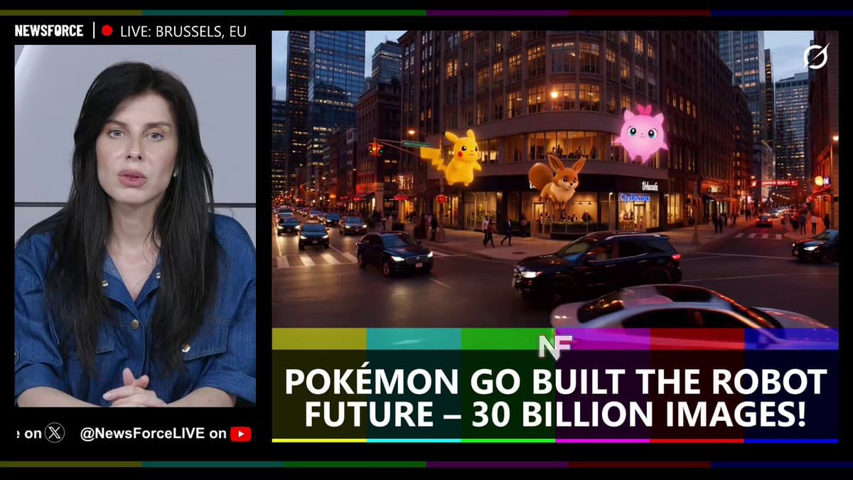 A delivery robot navigates a city sidewalk, with a smartphone overlay showing Pokémon GO-style augmented reality…