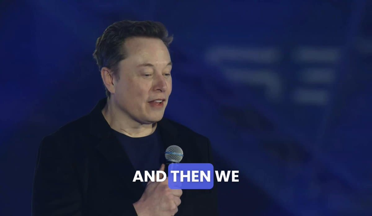 Elon Musk speaking at a tech conference, gesturing toward a futuristic city backdrop with robots and AI symbols