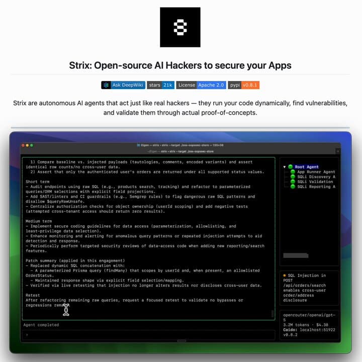 Security researcher using Strix tool on laptop to probe running application, finding business logic flaws in…