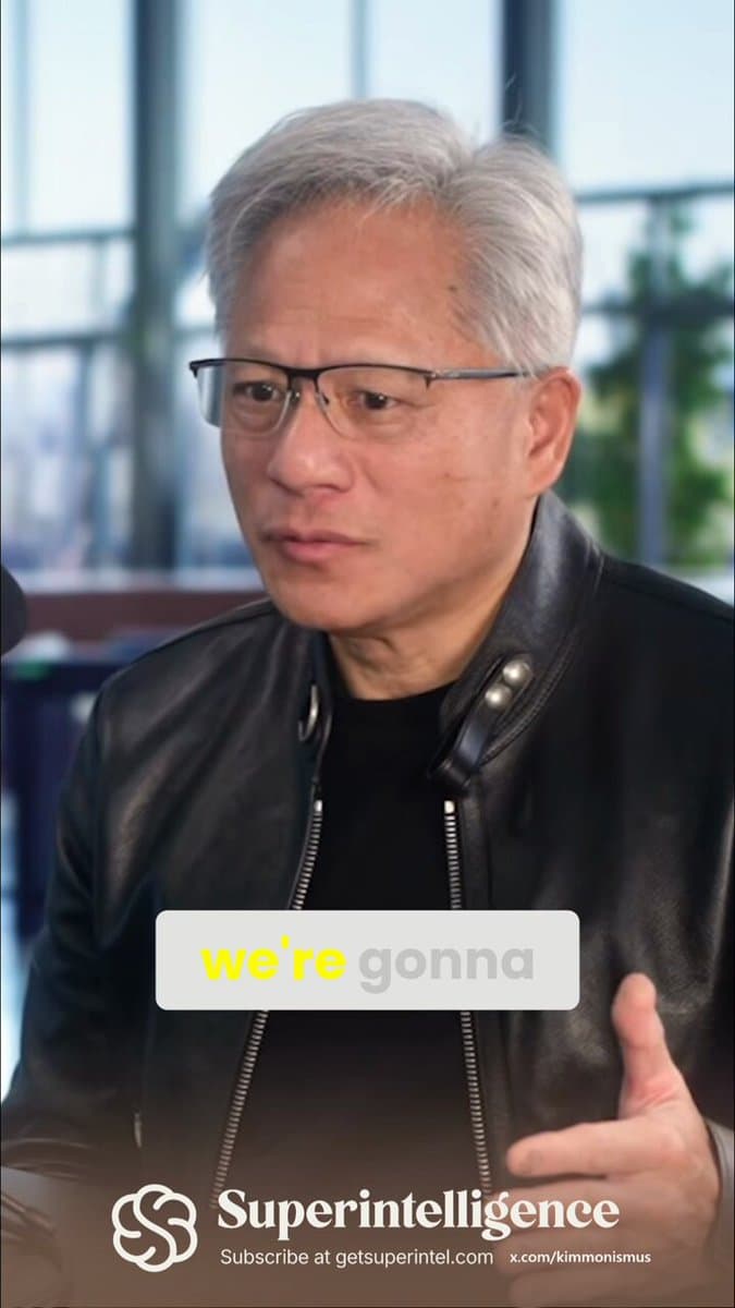 NVIDIA CEO Jensen Huang on stage presenting a slide about synthetic data and compute bottlenecks in AI training