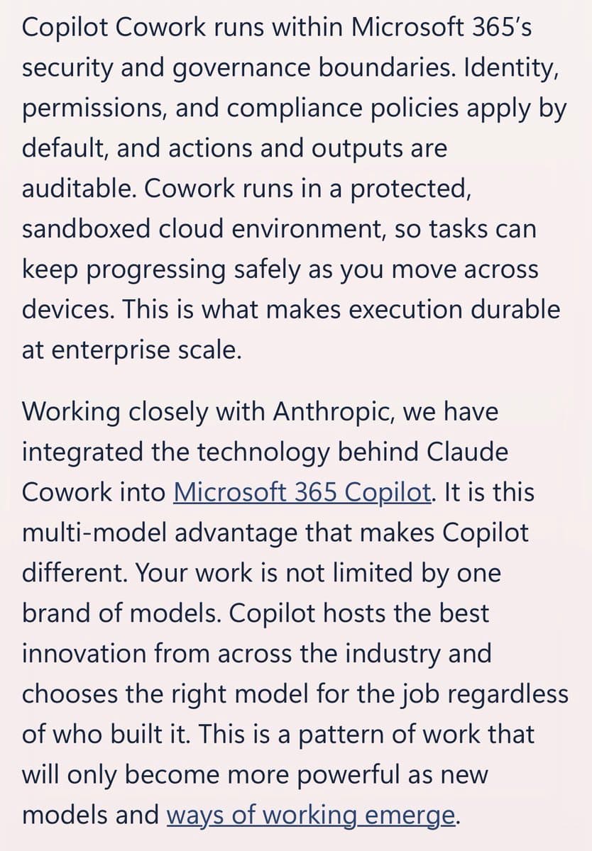 Two animated, smiling AI assistant icons, one labeled Copilot and one labeled Cowork, sit side-by-side at a shared…