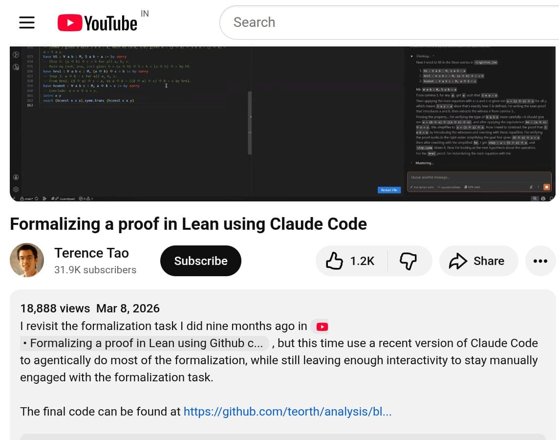 Terence Tao works at a computer, with a Claude AI interface and Lean proof assistant code visible on screen…