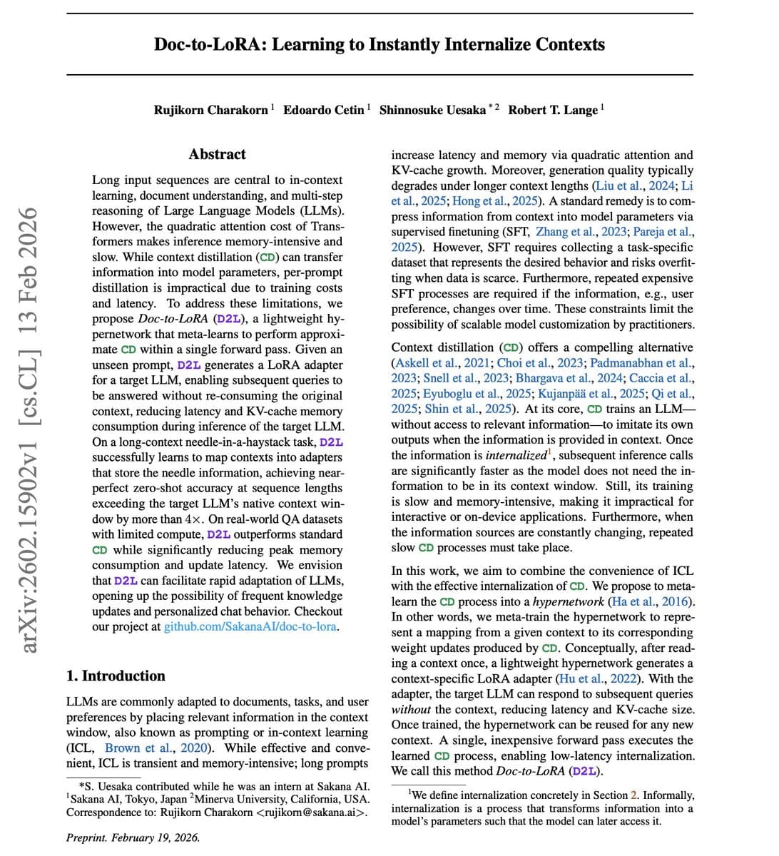 Sakana AI's Doc-to-LoRA: A Hypernetwork Breakthrough for Efficient Long-Context Processing