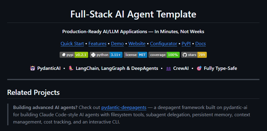 A developer dashboard interface showing a FastAPI backend and Next.js frontend with WebSocket streaming for AI agent…