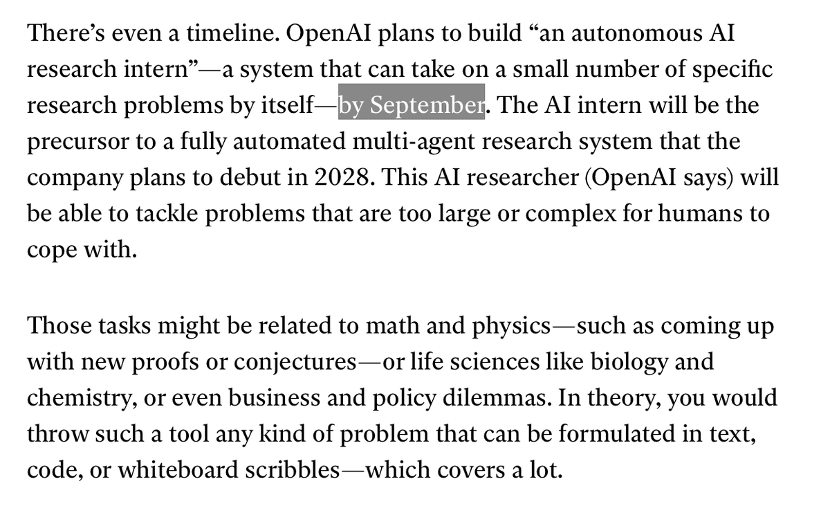 OpenAI CEO Sam Altman stands at a podium presenting a slide titled 'AI Intern Timeline' with a roadmap from 2025 to…
