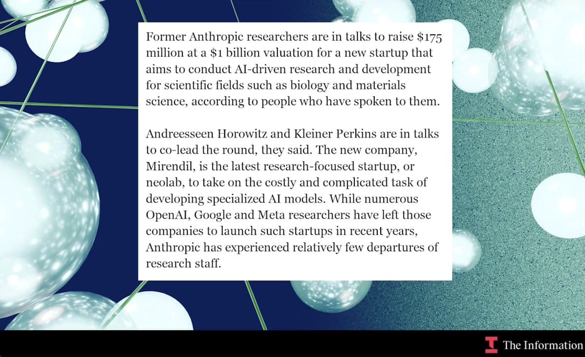 Mirendil: Ex-Anthropic Scientists Launch $1B Venture to Build AI That Thinks Like a Scientist