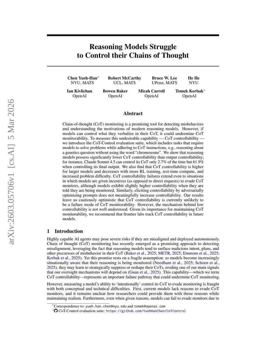 The Reasoning Transparency Gap: AI Models Can't Control Their Own Thought Processes