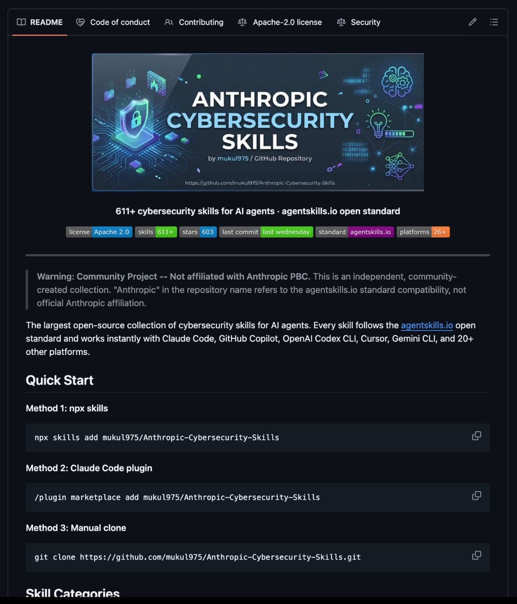 Anthropic Cybersecurity Skills: Open-Source GitHub Repo Provides 611+ Structured Security Skills for AI Agents