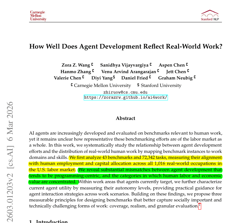 Stanford/CMU Study: AI Agent Benchmarks Focus on 7.6% of Jobs, Ignoring Management, Legal, and Interpersonal Work