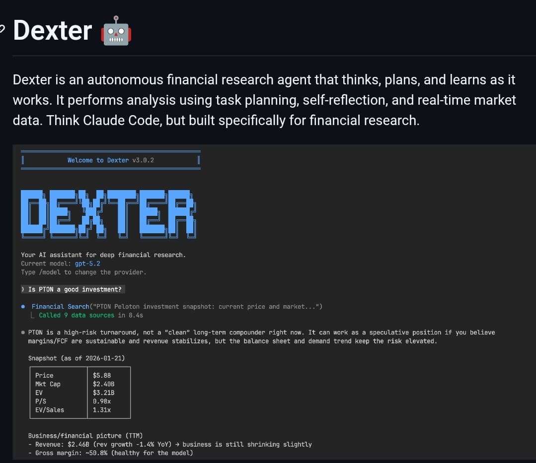 A dashboard interface showing Dexter AI agent running financial analysis with real-time stock data, charts, and…