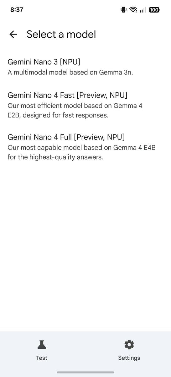 A smartphone screen displays the Gemini Nano 4 model download option within Google's AICore beta interface, with a…
