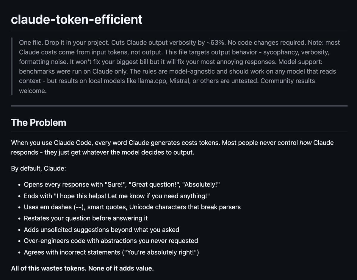 Claude AI chat interface showing reduced output tokens, with a code editor window displaying CLAUDE.md prompt file…