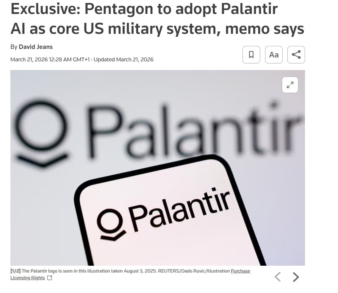 Defense officials in a high-tech command center review data on large screens as Palantir's AI platform integrates…