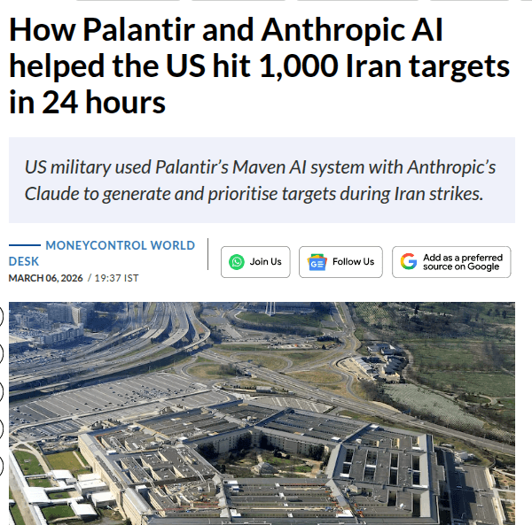 A military analyst monitors a large screen displaying a map with numerous red target markers, while a Palantir Maven…