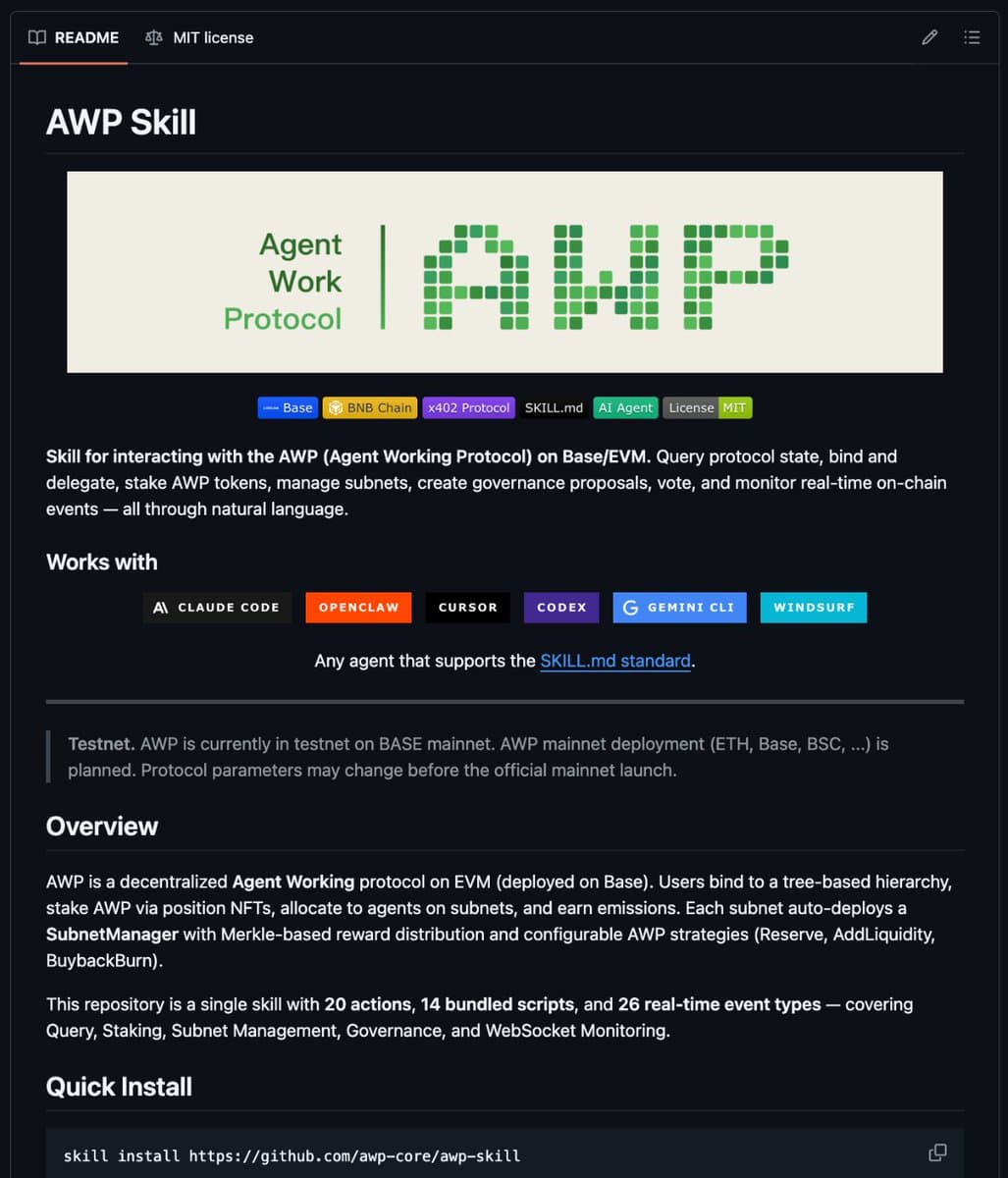 Developer hasantoxr presents AWP testnet interface on Base, showing AI agent workflow coordination with skill files…
