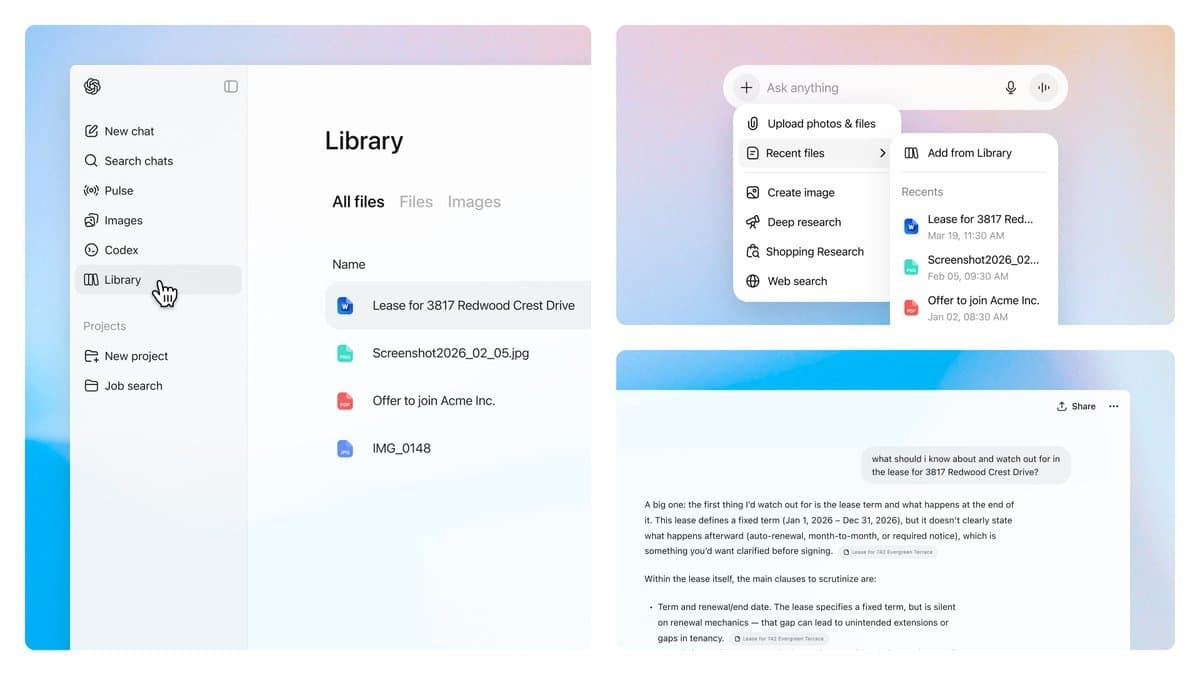 OpenAI's ChatGPT interface displaying a new Library sidebar with uploaded PDF and image files, a 512MB storage…