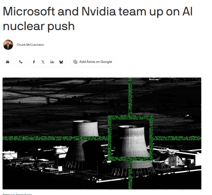 Two engineers in hard hats review a holographic nuclear reactor model on a table, surrounded by digital interface…