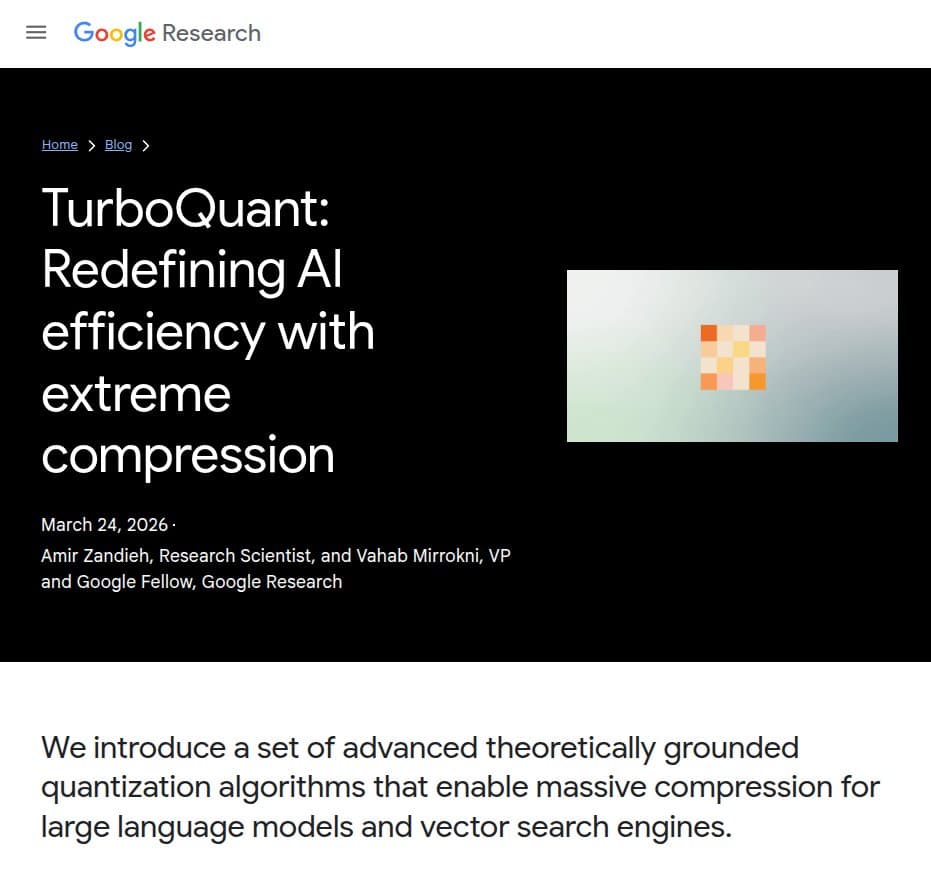 Google's TurboQuant Cuts LLM KV Cache Memory by 6x, Enables 3-Bit Storage Without Accuracy Loss