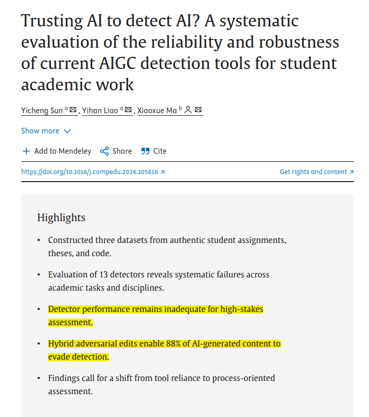 Bar graph comparing AI detector accuracy across short and long texts, with low accuracy for STEM and short…