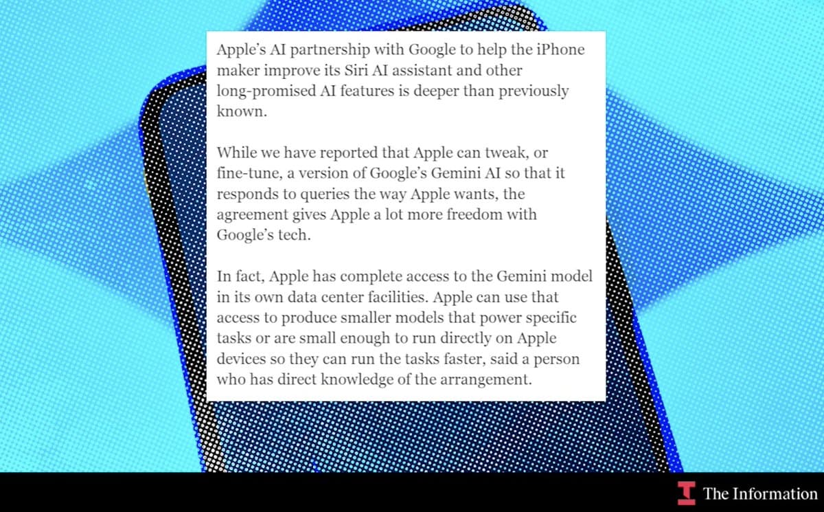 Two people in a modern office setting examine a large smartphone displaying a Gemini AI interface, surrounded by…