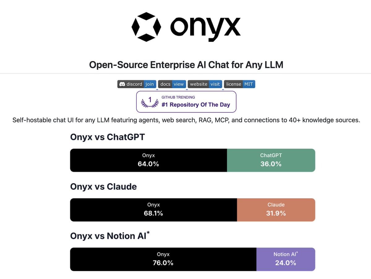 Onyx chat interface dashboard displaying benchmark scores and star count on a laptop screen